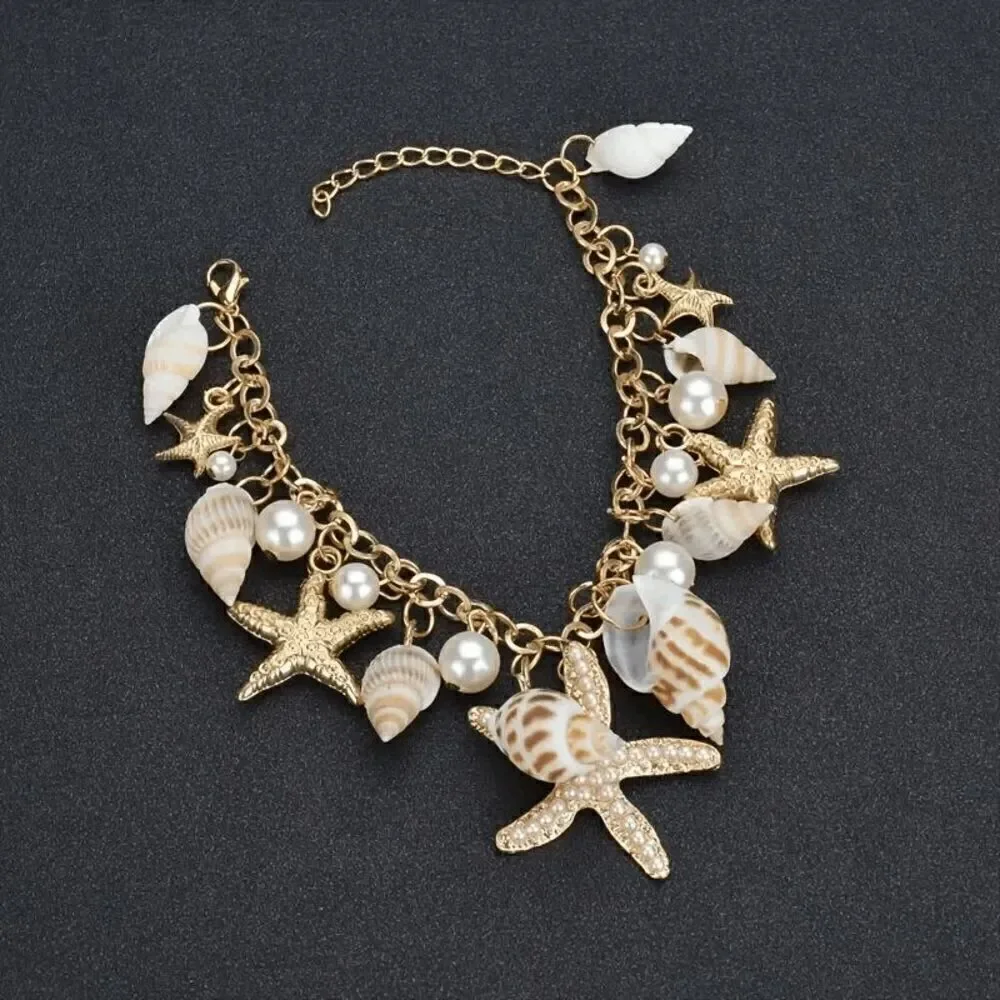 Chunky Golden Beach Starfish Concho Shell Pearl Bracelet or Anklet